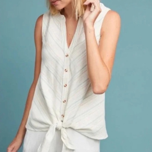 Anthropologie Maeve Blue Stripe Button/Tie Front Sleeveless Top Sz 0/XS Beachy - Picture 12 of 12